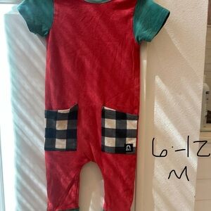 Red and Green Kids Romper with Checkered Pockets